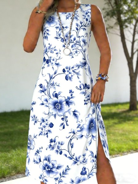 Women Floral Summer Dress Crew Neck Sleeveless Tank A-Line Dress