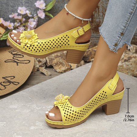 Vintage Plain Adjustable Buckle Block Heel Slide Sandals