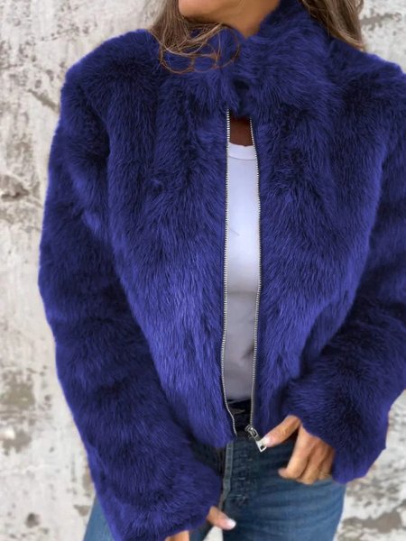 Women Winter Outerwear Vintage Split Joint Plain Long Sleeve Mock Neck Jacket