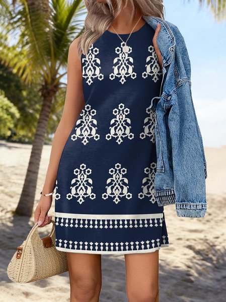 Women Ethnic Summer Dress Crew Neck Sleeveless Fit & Flare Dress A-Line Dress