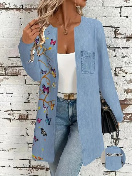 Women Spring/Fall Outerwear Vintage Floral Long Sleeve Crew Neck Jacket