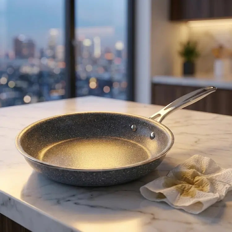 A detailed close-up photograph focusing on a single gray granite nonstick frying pan with a stainless steel handle, sitting on a white marble countertop alongside a crumpled paper towel, visualizing the initial seasoning process for the cookware.