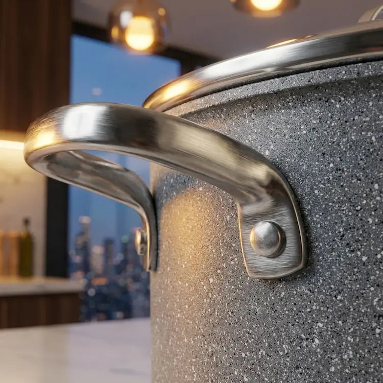 Macro photograph sharply focused on the secure riveted stainless steel handle connection of a gray granite pot, emphasizing professional-grade build quality and durability