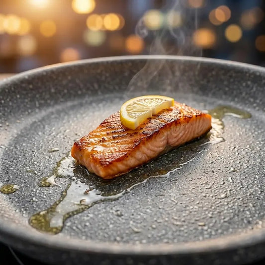 Extreme close-up of gray granite nonstick coating texture as seared salmon and lemon effortlessly slide across the PFOA-free surface, highlighting powerful release capabilities
