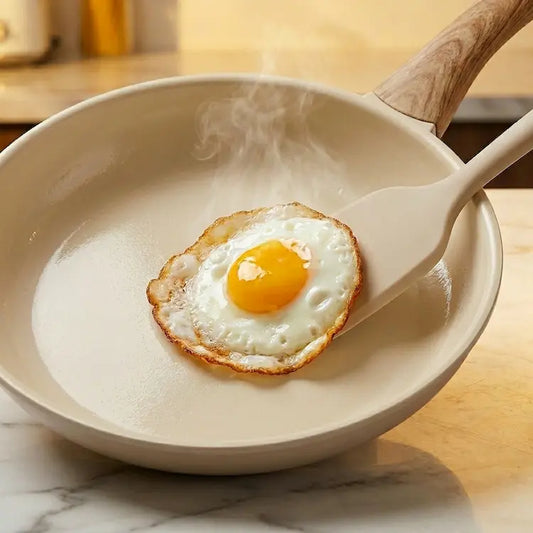 A professional close-up shot of the cream-colored ceramic nonstick frying pan demonstrating superior food release. A single sunny-side-up egg with golden crispy edges glides effortlessly across the pristine surface, guided by a matching cream and wood-look silicone spatula. A thin, shimmering sheen on the pan reflects the use of minimal oil for healthy cooking. Wisps of steam rise from the hot ceramic surface on a white marble countertop. Part of the 26-piece non-toxic, PFOA-free cookware collection from No