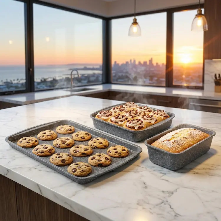 A professional lifestyle photograph of a 3-piece grey granite speckled nonstick bakeware set, part of the Premium Gray Granite collection, on a modern white marble countertop. The versatile set features a shallow baking sheet covered in golden chocolate chip cookies, a square baking pan filled with glazed cinnamon rolls with pecans, and a deep rectangular pan holding a freshly baked loaf cake. The background shows a luxury kitchen with a corner bay window offering a stunning sunset view of a distant coastli