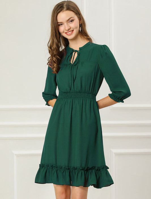 Ruffle Hem 3/4 Sleeve A-Line Smocked Short Chiffon Dress