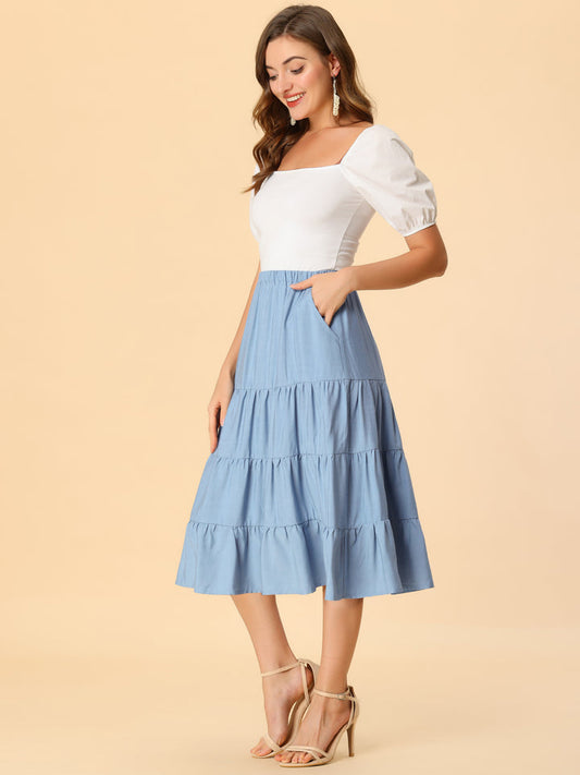 Midi Solid Elastic Waist Flare Tiered Long Pockets A-Line Skirt