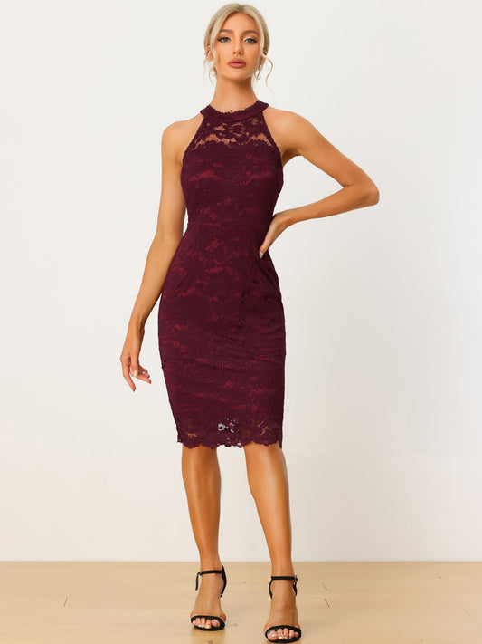 Lace Halter Elegant Sleeveless Bodycon Wedding Cocktail Sheath Dress