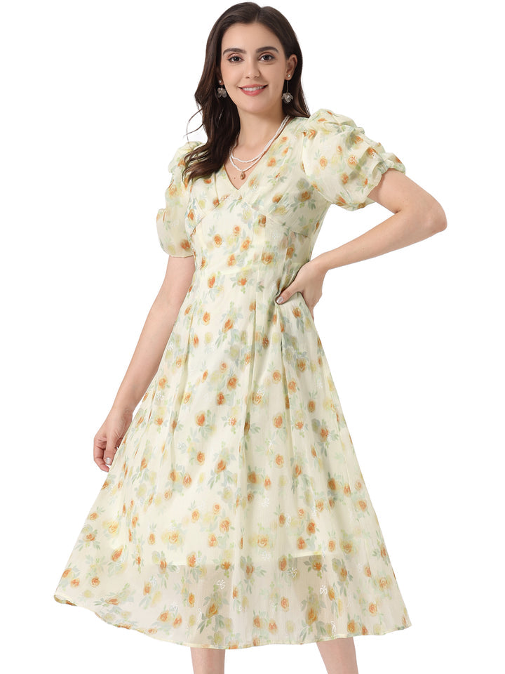 Woman wearing a floral dress on a white background