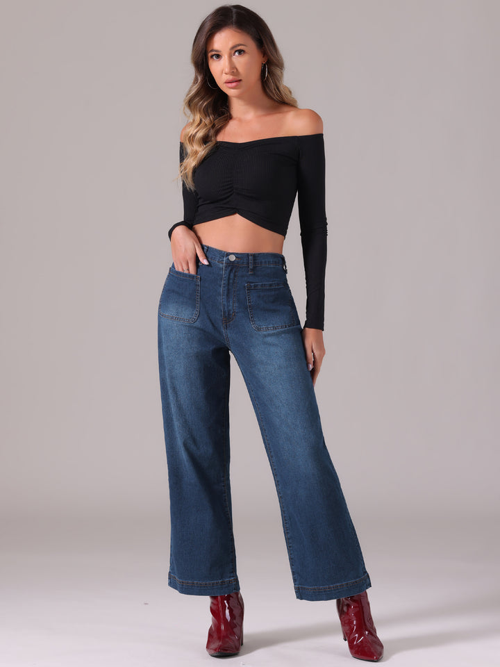 High Waisted Stretchy Straight Wide Leg Buttoned Loose Denim Pants Jeans