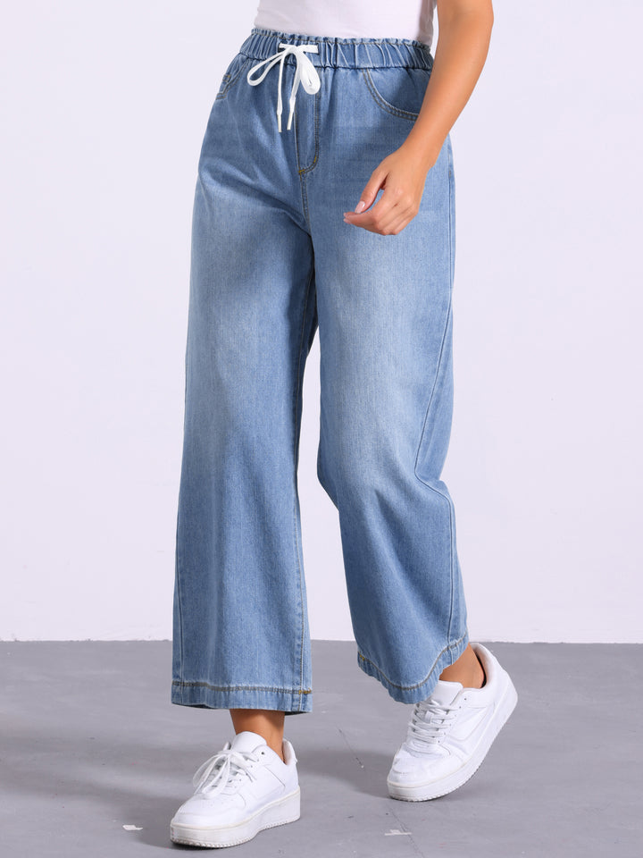 Casual Denim Pants Drawstring Elastic Waist Wide Legs Jeans