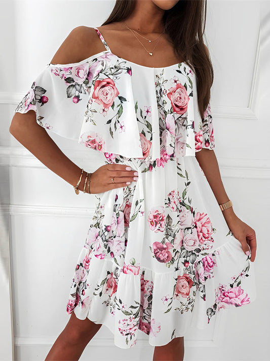 Floral Cold Shoulder Ruffled Mini Chiffon Dress