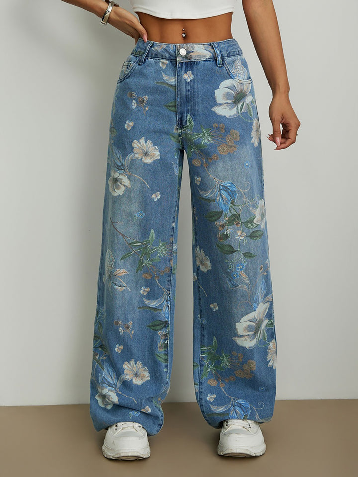 Floral Printed Wide Legs Denim Pocketed Jeans